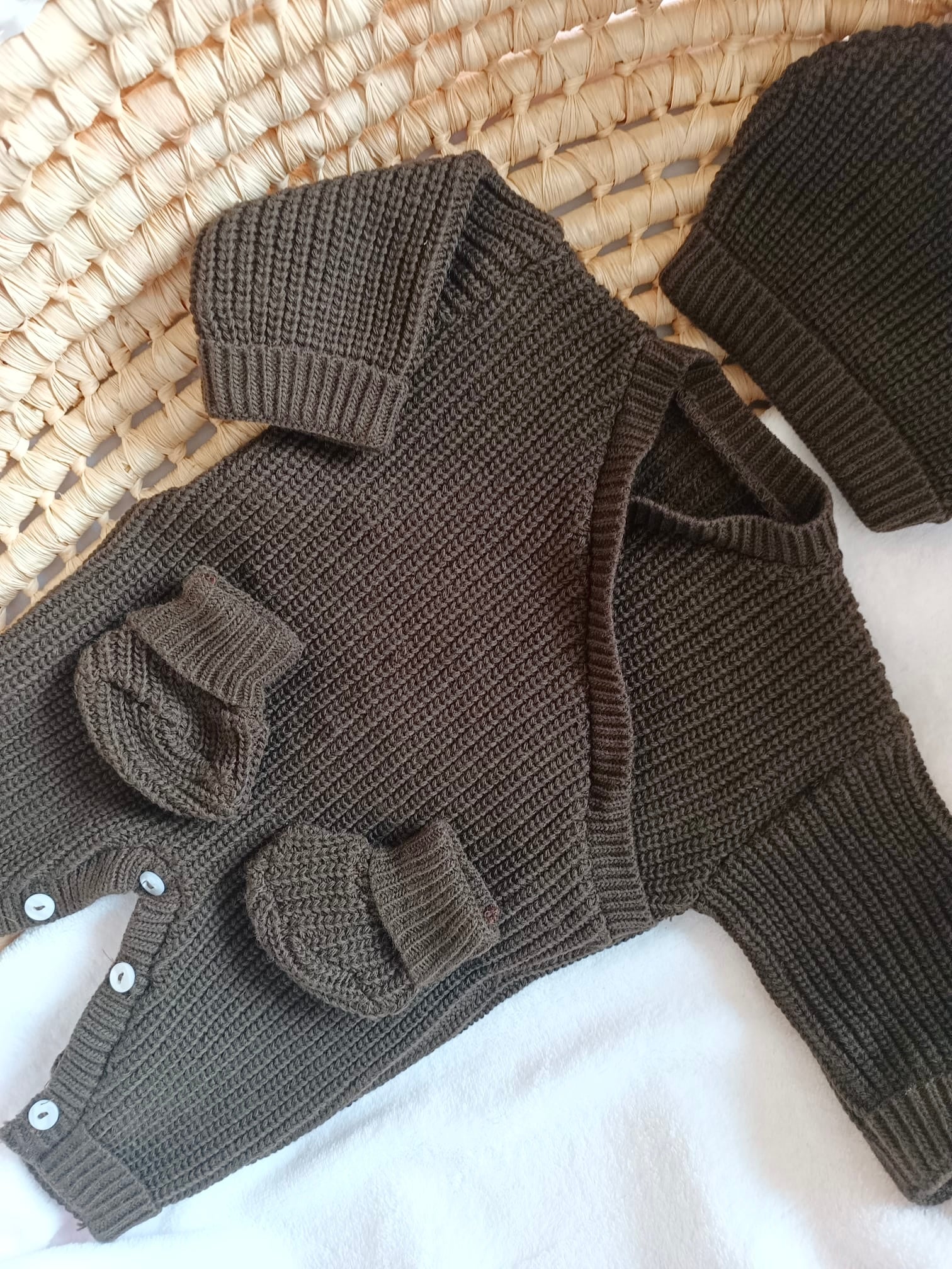 Combinaison maille marron, croisé, 0/3 mois, 3 pièces - personnalisable -