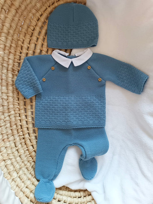 Ensemble complet naissance bleu denim 0/3 mois avec boutons bois