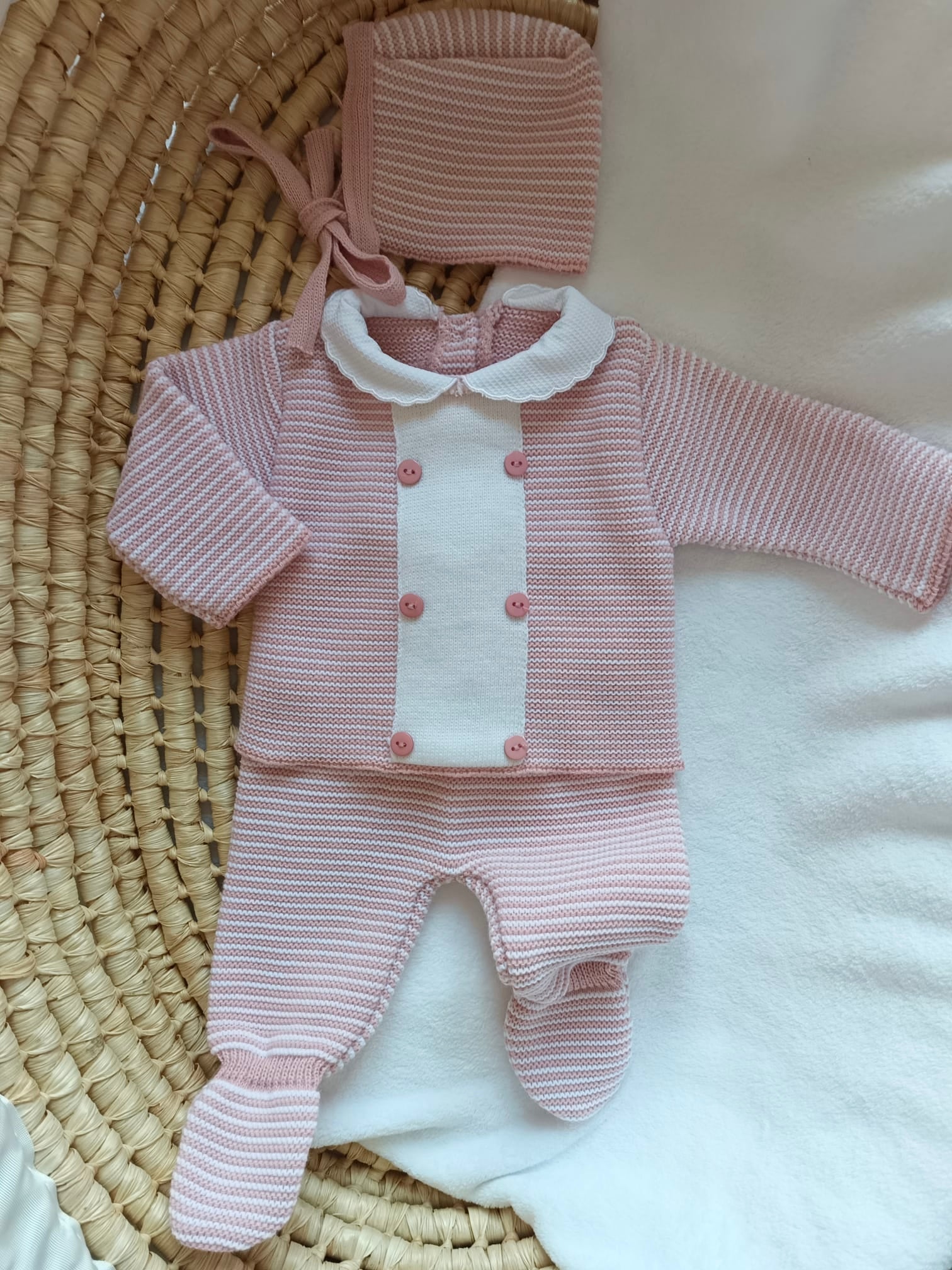 Ensemble complet naissance 0/3 mois, vieux rose avec boutons