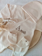 Combinaison beige 100% coton, 3 pièces, 0/3 mois - personnalisable -