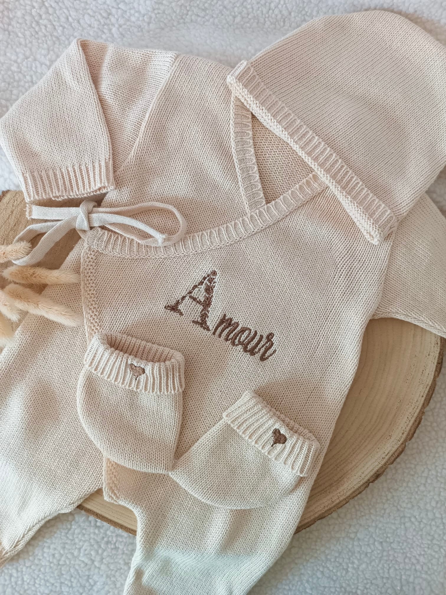Combinaison beige 100% coton, 3 pièces, 0/3 mois - personnalisable -