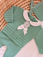 Ensemble complet naissance vert avec dentelle et noeud satiné blanc 0/3 mois