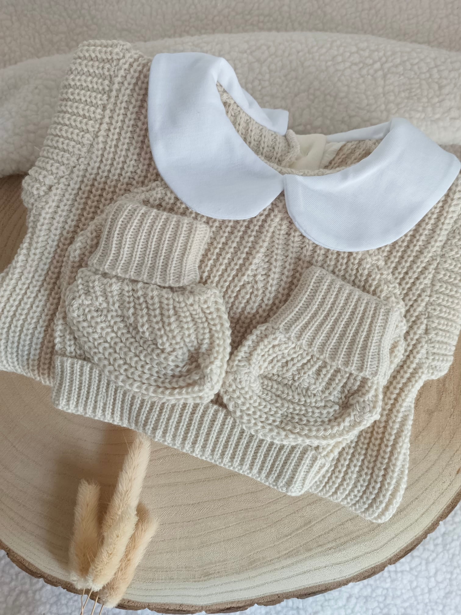 Combinaison maille beige avec col blanc - 0/3 mois - personnalisable