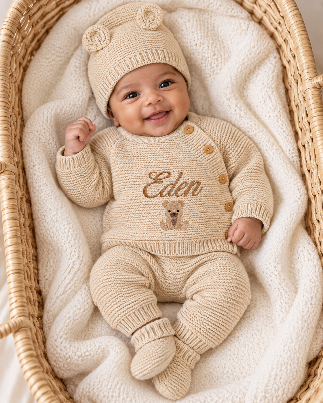 Tenue de naissance personnalisée 4 pièces bonnet oreilles ours – 0-3 mois