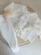 Ensemble complet naissance blanc ajouré noeud satiné blanc 0/3 mois