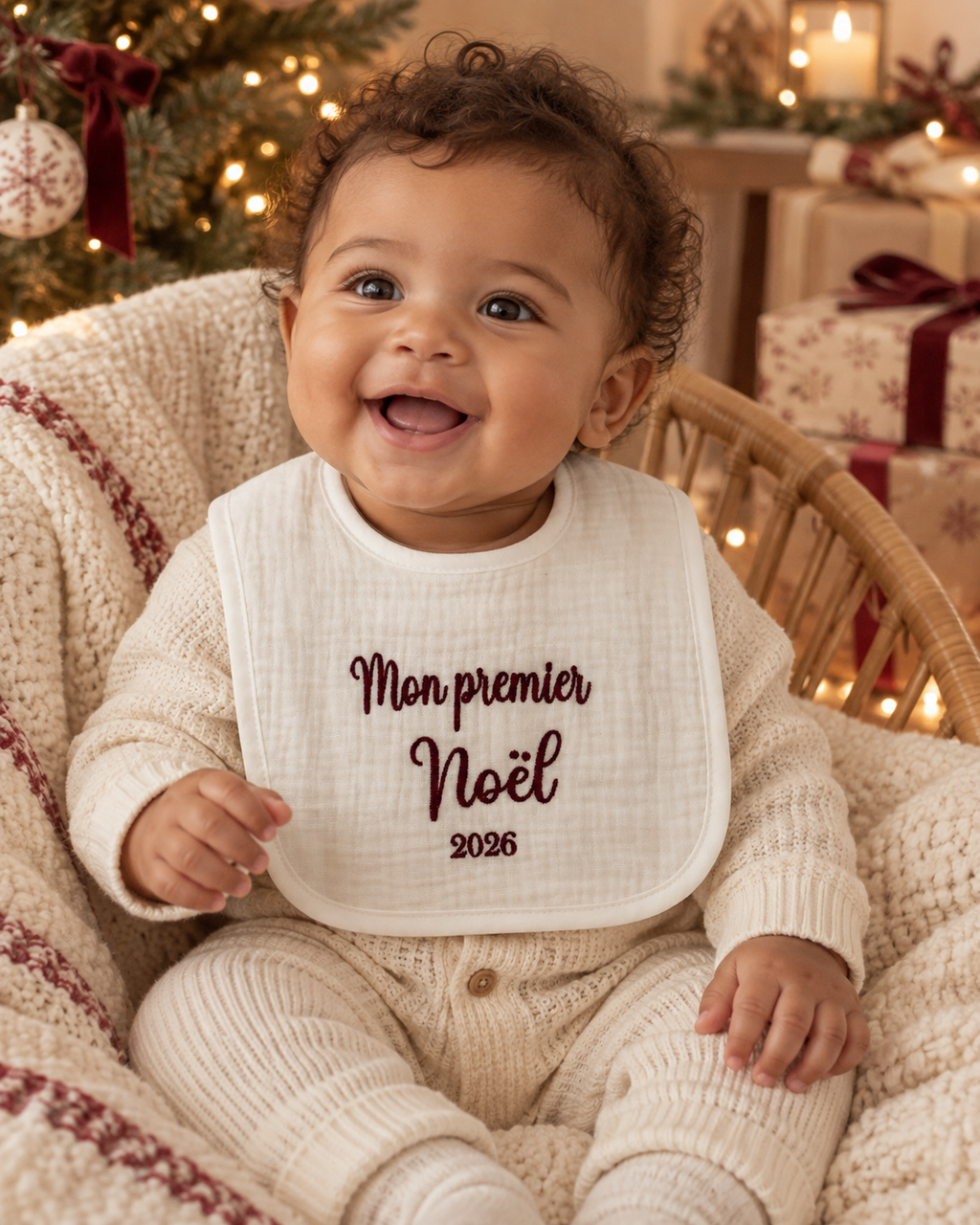 Bavoir bébé brodé – Mon premier Noël 2026