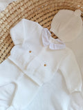 Ensemble complet naissance blanc 0/3 mois avec 2 boutons bois