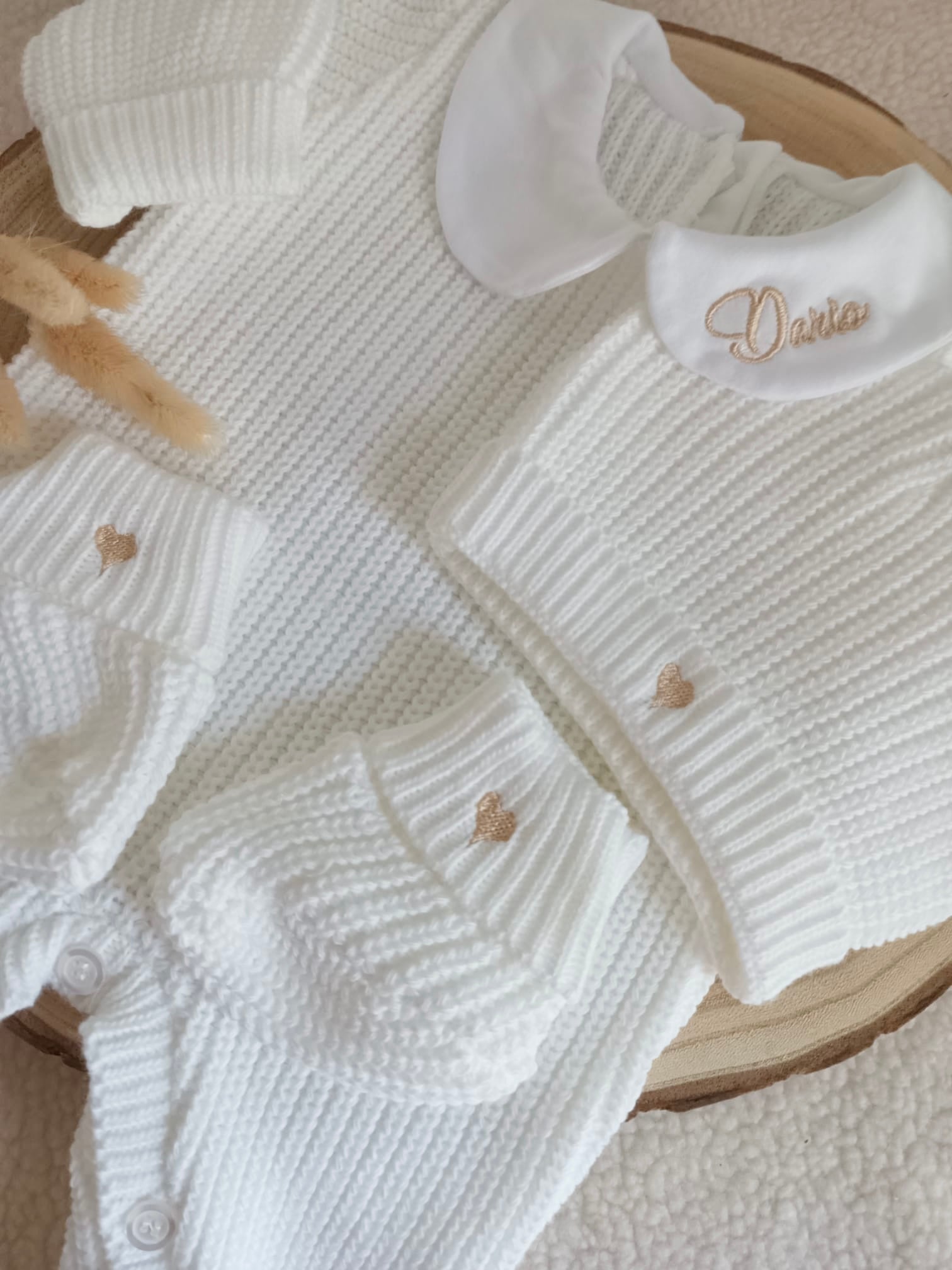 Combinaison maille blanc avec col blanc - 0/3 mois - personnalisable