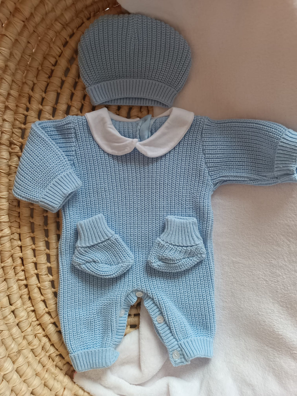 Combinaison maille bleu ciel avec col blanc - 0/3 mois - personnalisable