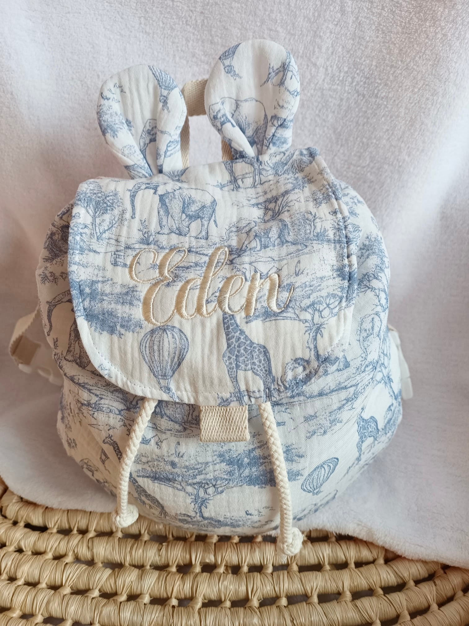 Sac à dos en gaze de coton safari tons bleuté - personnalisable -