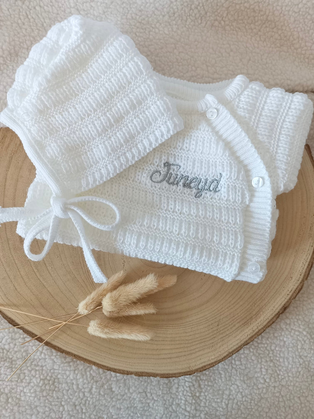 Ensemble naissance maille blanc à boutons blanc 0/3 mois - personnalisable -