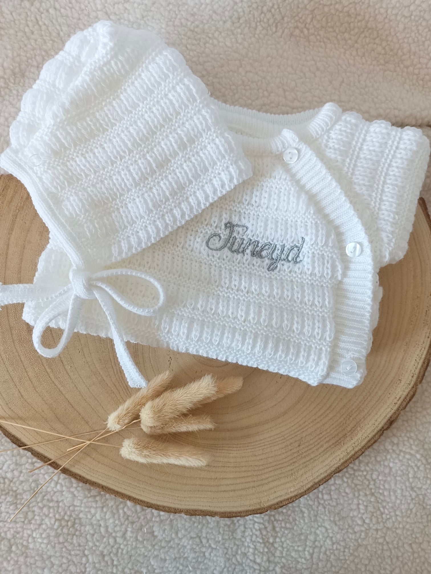 Ensemble naissance maille blanc à boutons blanc 0/3 mois - personnalisable -