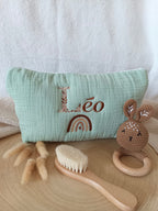 Trousse en gaze de coton vert sauge - personnalisable -
