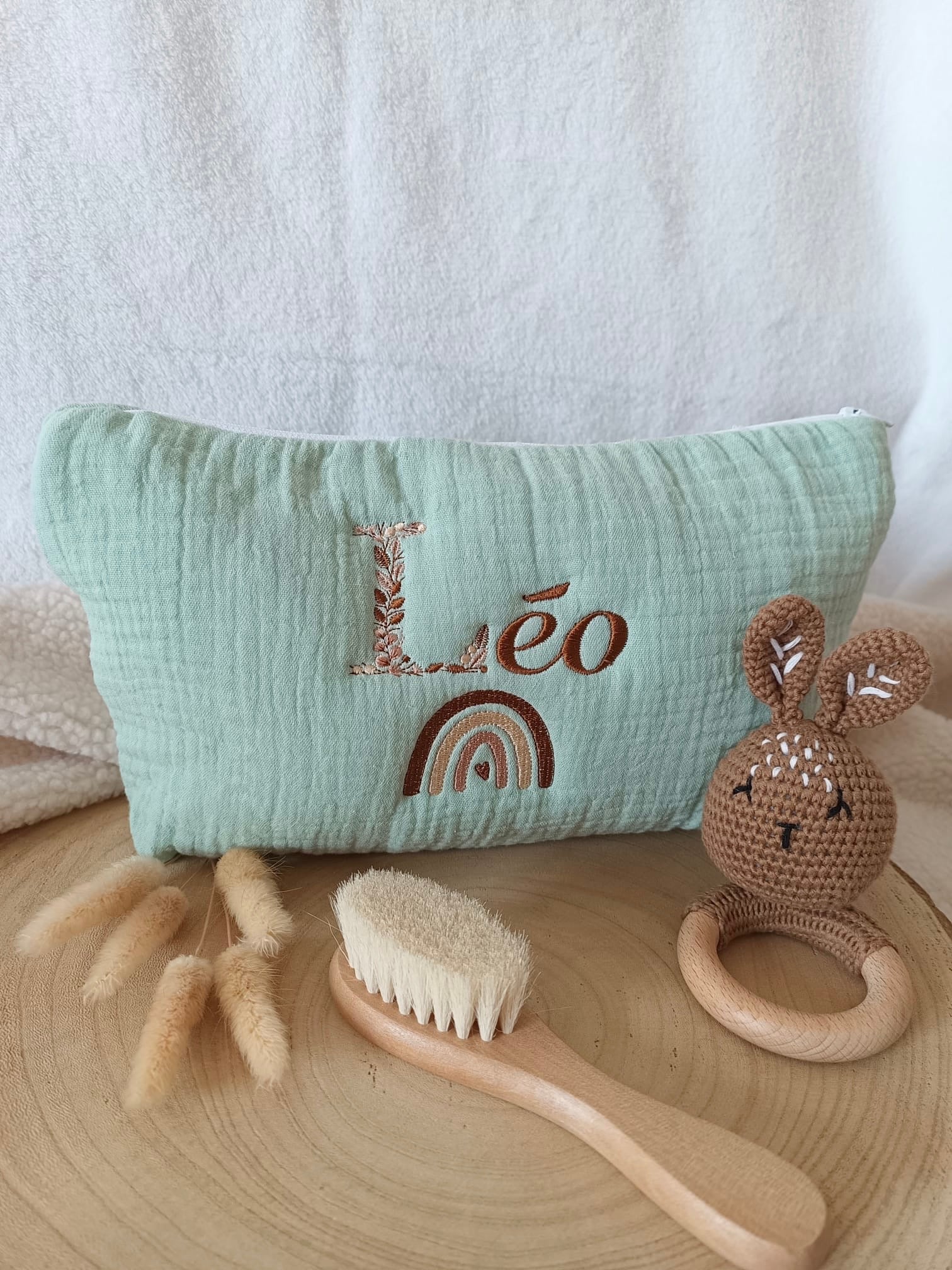 Trousse en gaze de coton vert sauge - personnalisable -