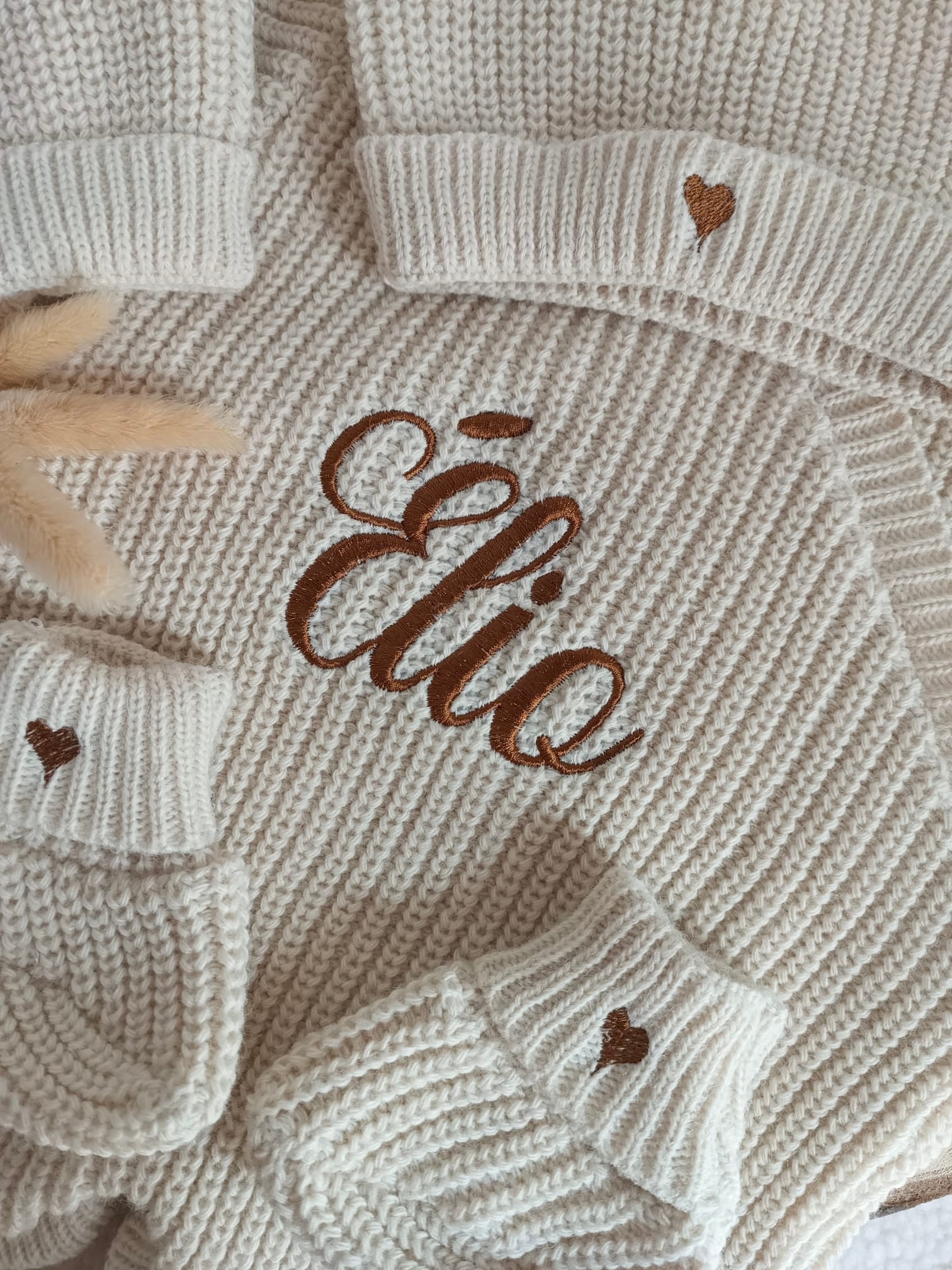 Combinaison maille beige, croisé, 0/3 mois, 3 pièces - personnalisable -