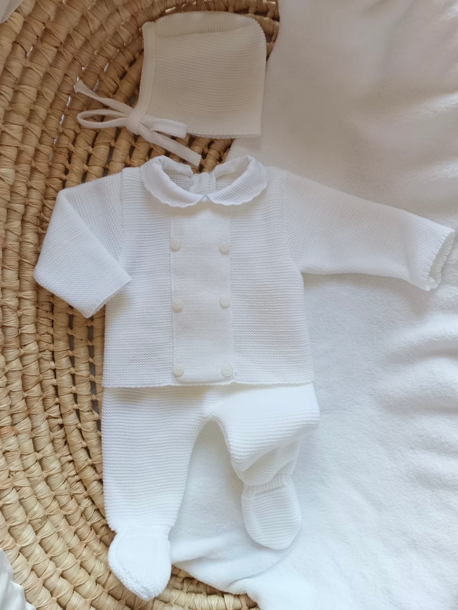 Ensemble complet naissance 0/3 mois, blanc avec boutons