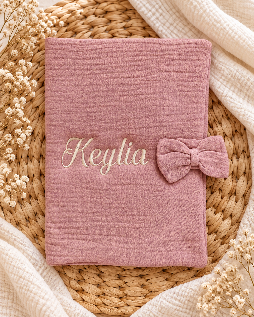 Protège carnet de santé personnalisé bébé en gaze de coton – Avec nœud