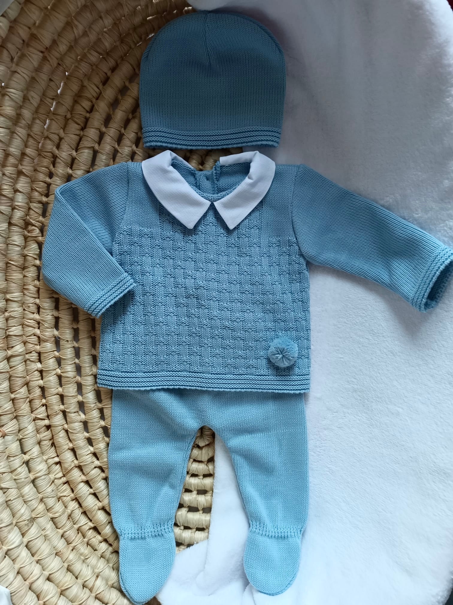 Ensemble complet bleuté avec pompom 0/3 mois