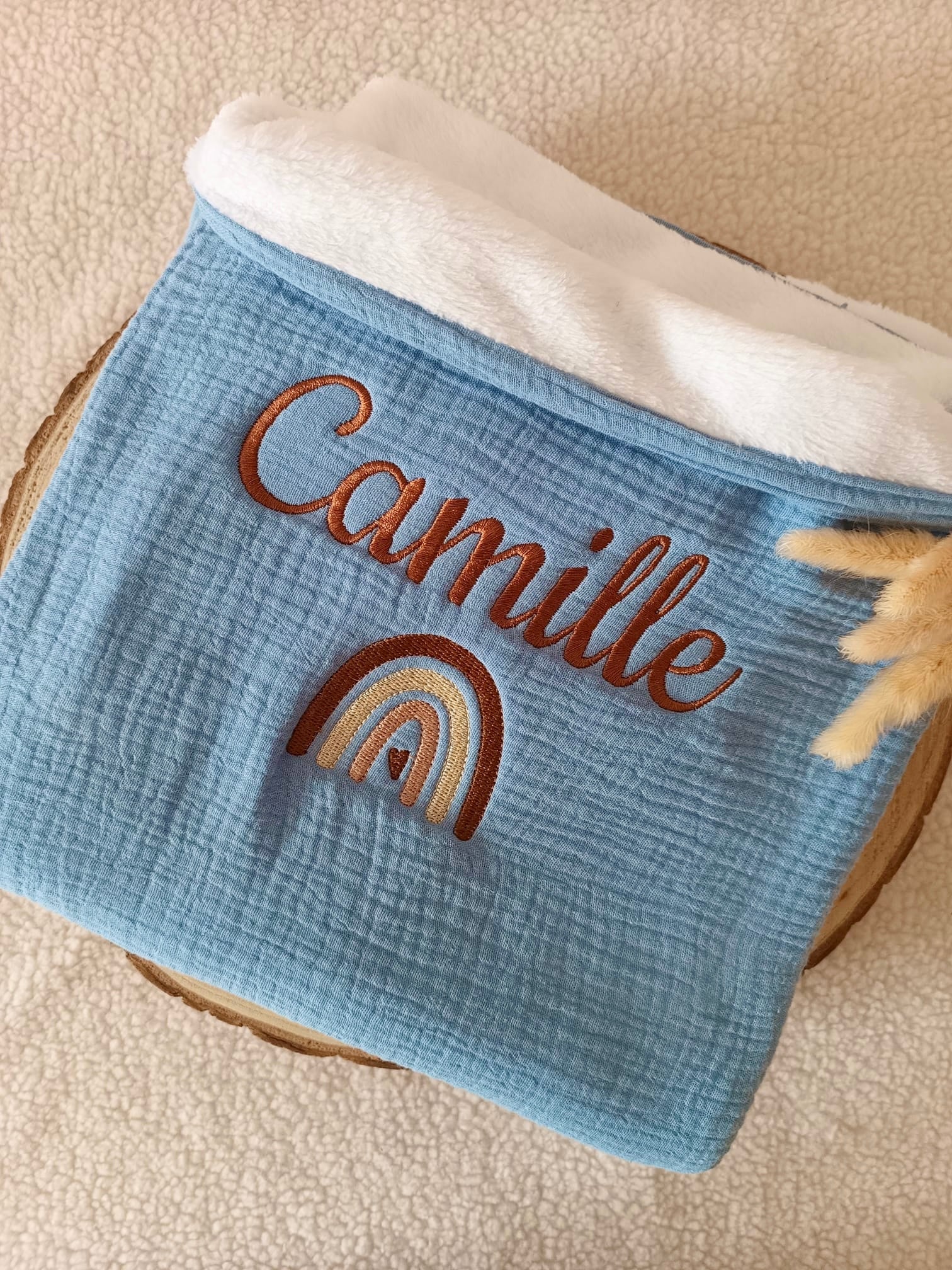 Couverture en gaze de coton et polaire bleu denim - personnalisable -