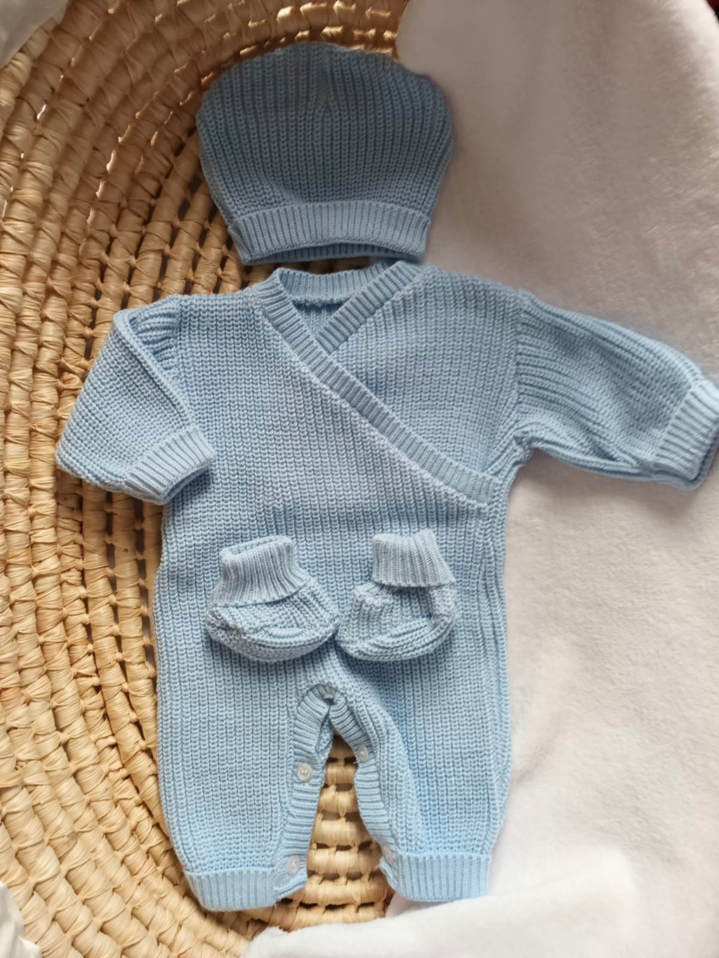 Combinaison maille bleu ciel croisé, 0/3 mois, 3 pièces - personnalisable -