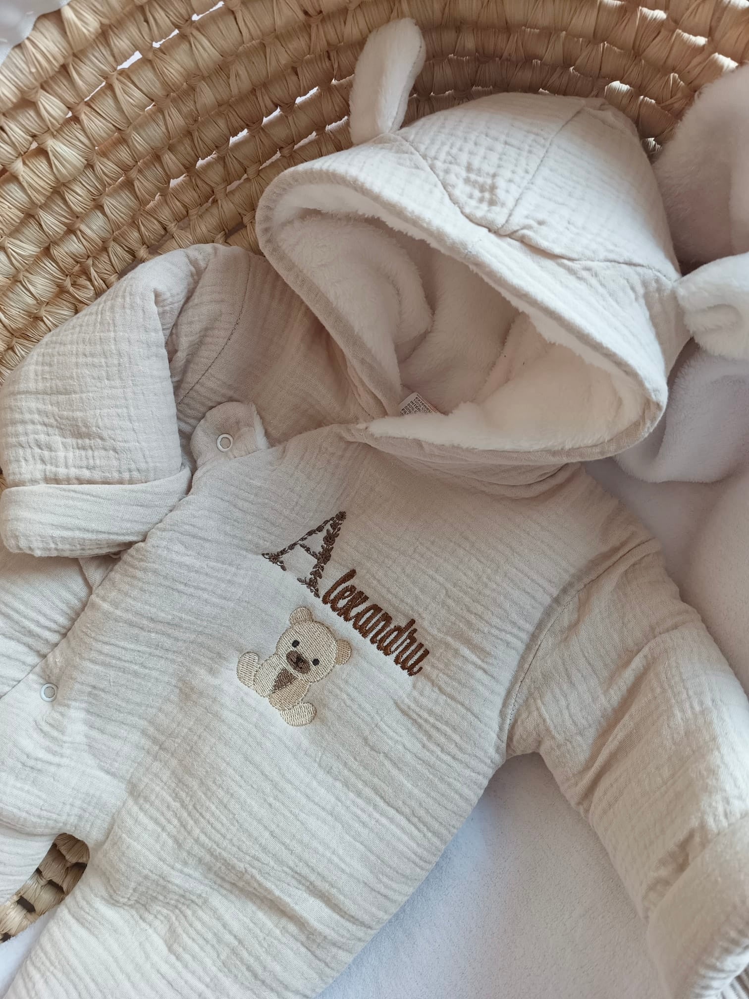 Combinaison pilote en gaze de coton beige avec oreilles - intérieur polaire - personnalisable - 0/3 mois -