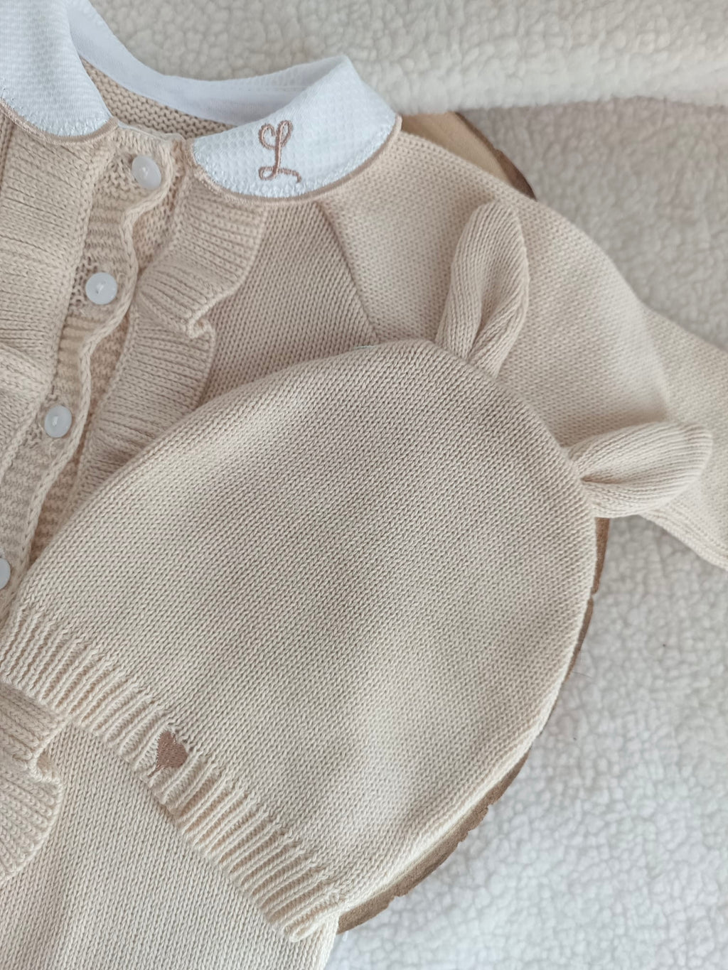 Combinaison beige oreilles lapin 100% coton, 3 pièces, 0/3 mois - personnalisable -