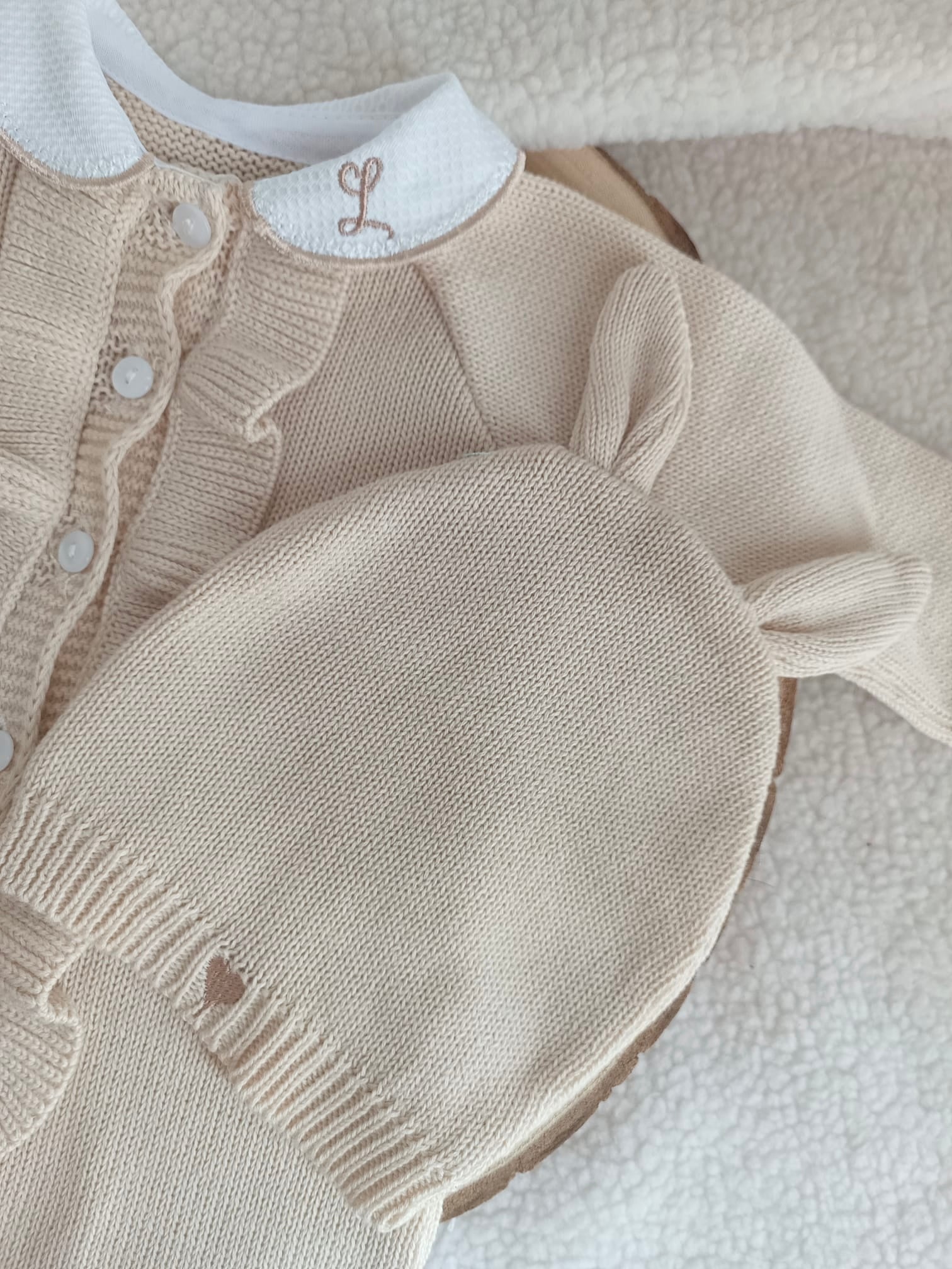 Combinaison beige oreilles lapin 100% coton, 3 pièces, 0/3 mois - personnalisable -