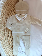 Ensemble complet beige/blanc pompons - plusieurs tailles - personnalisable -