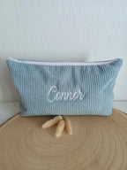 Trousse en velours bleu gris - personnalisable -