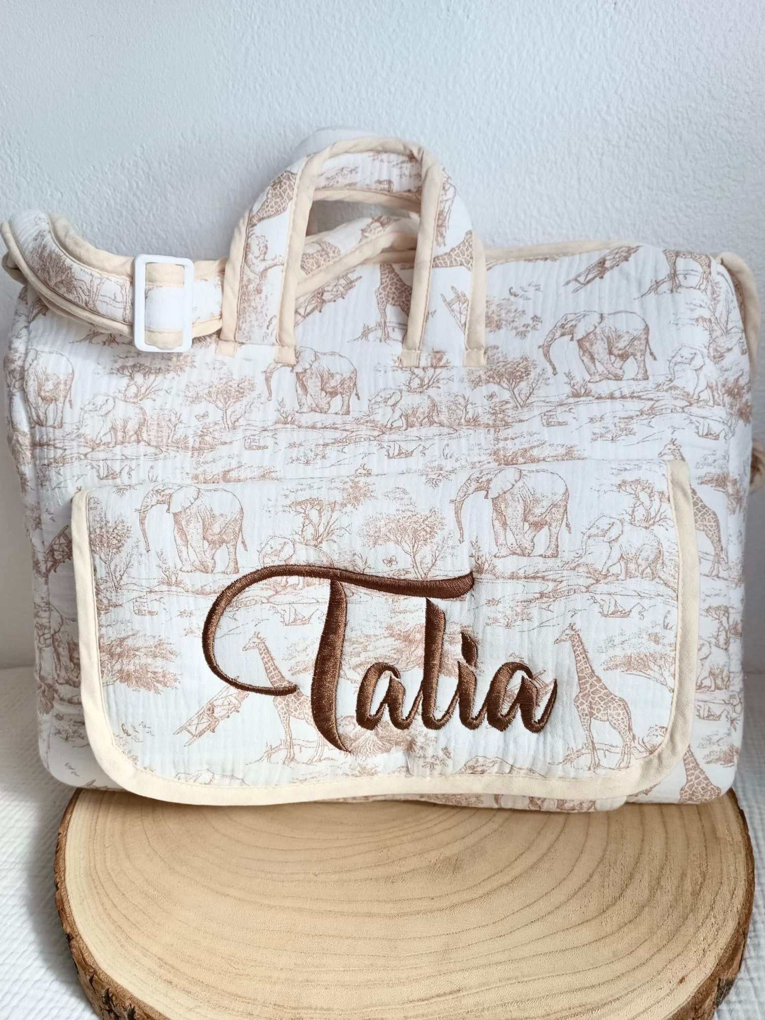 Sac à langer en gaze de coton safari tons beige- personnalisable -