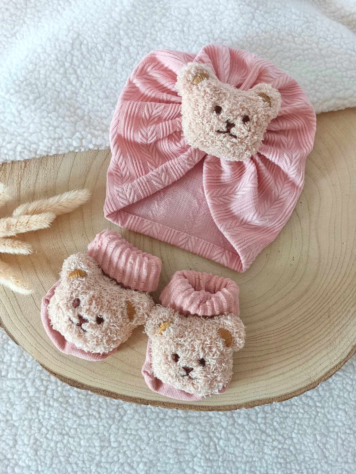 Turban rose ours beige + chaussons assortis 0/10 mois