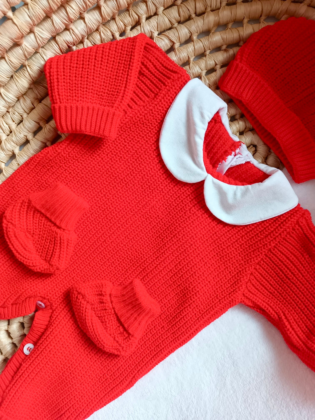 Combinaison maille rouge avec col blanc - 0/3 mois - personnalisable