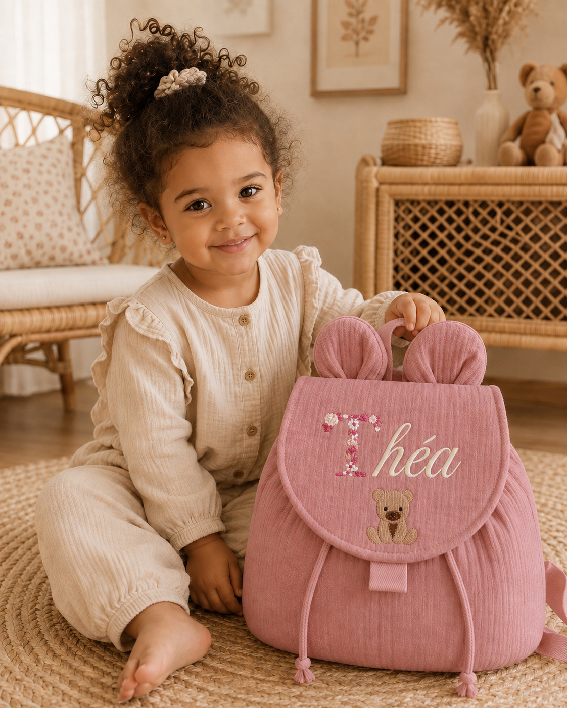Sac à dos personnalisé enfant en gaze de coton – Oreilles d’ourson