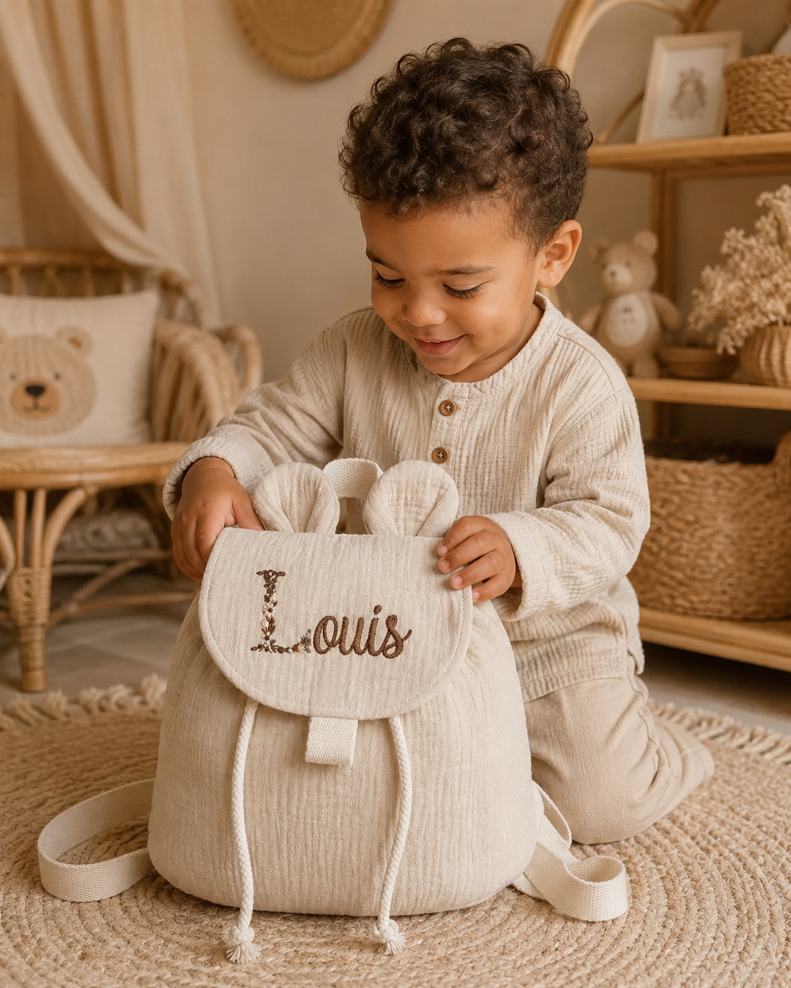 Sac à dos personnalisé enfant en gaze de coton – Oreilles d’ourson