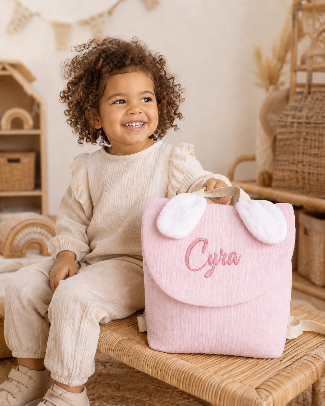 Sac à dos personnalisé enfant en gaze de coton – Oreilles de lapin