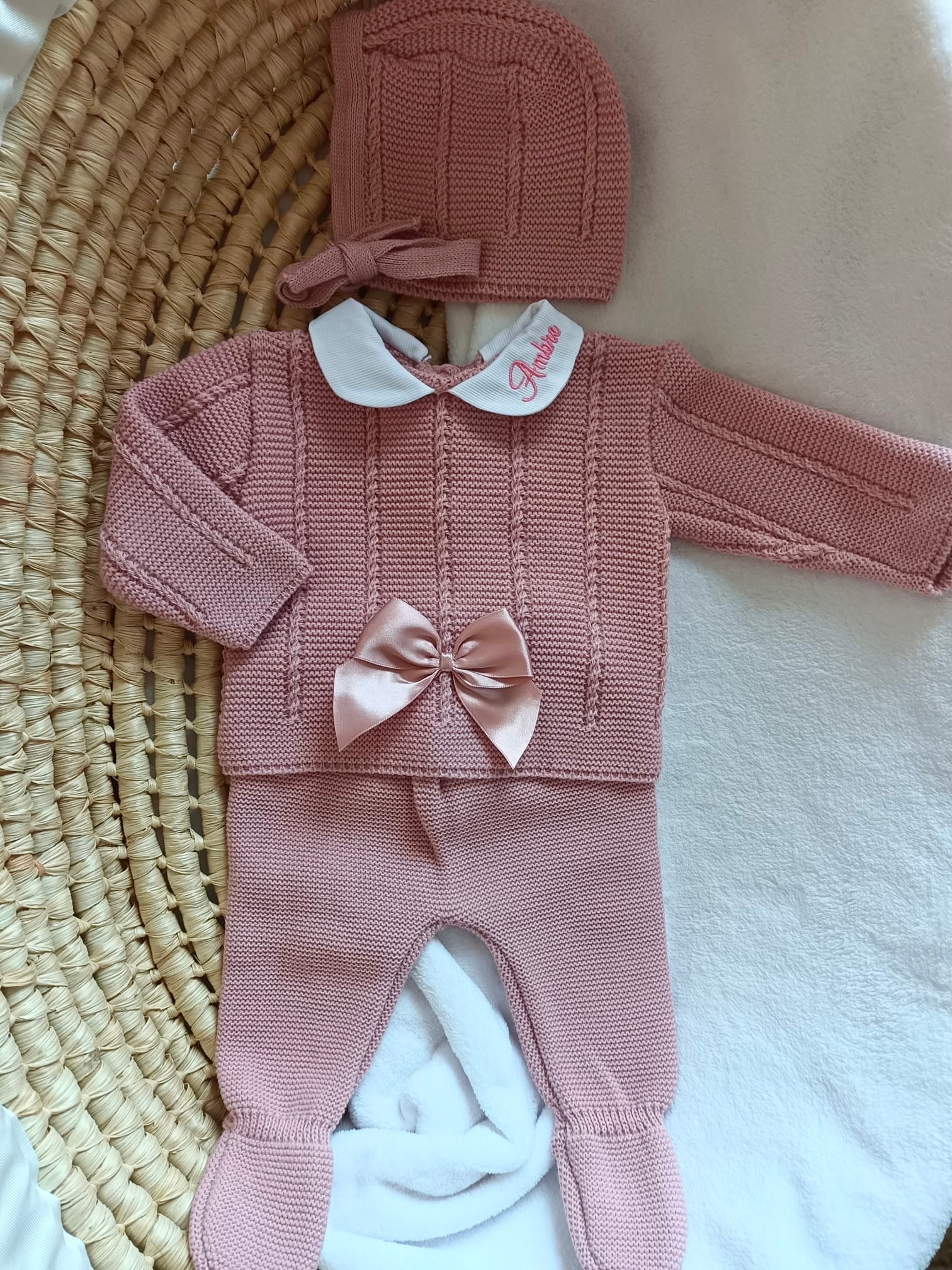 Ensemble complet vieux rose avec noeud satiné vieux rose - plusieurs tailles - personnalisable -