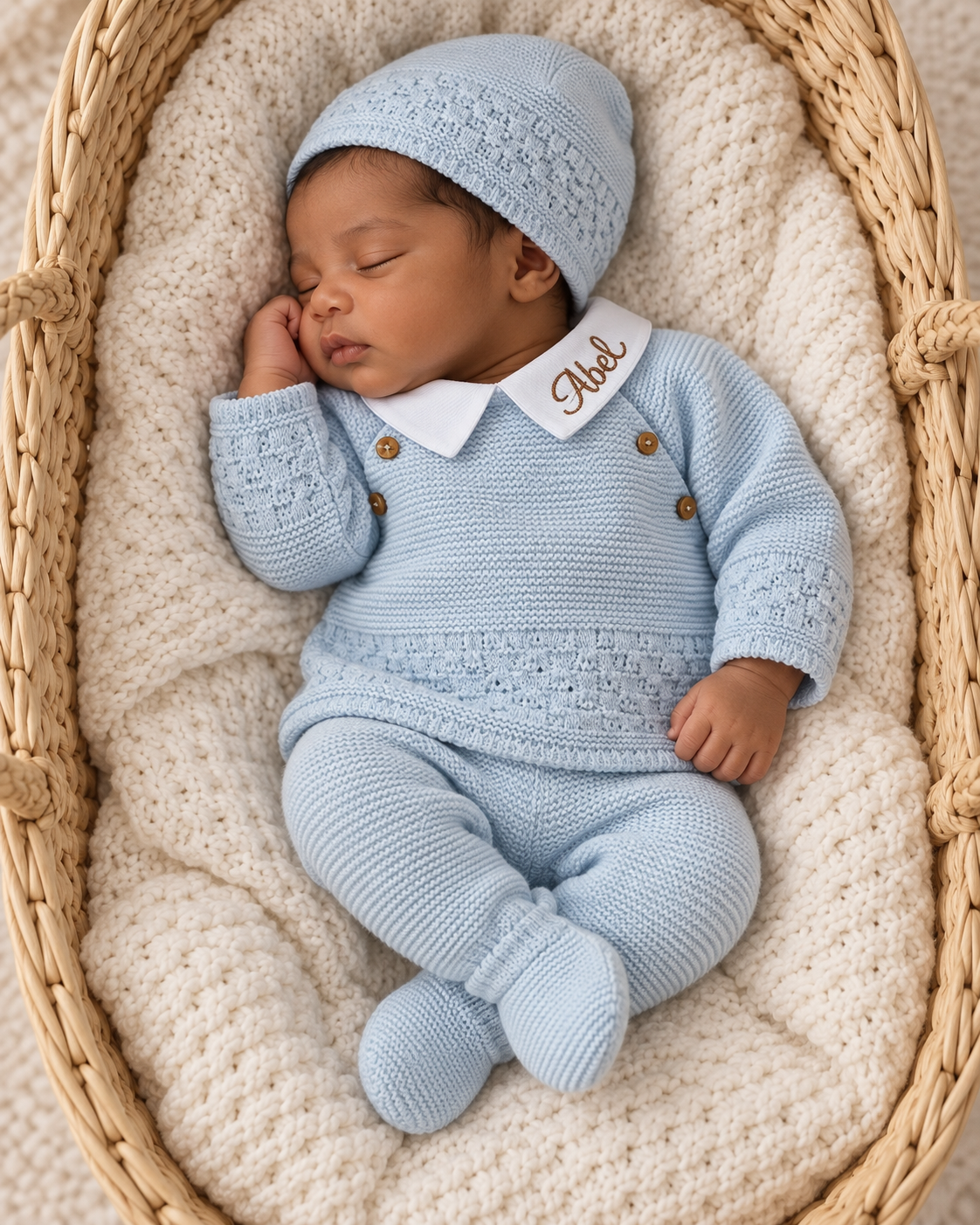 Ensemble naissance en maille personnalisé - Petit Trésor