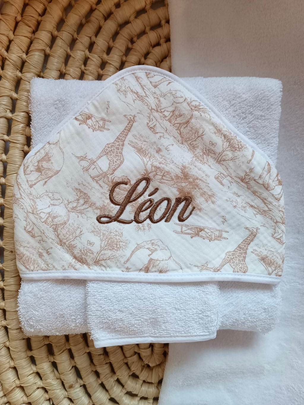 Cape de bain en gaze de coton safari beige - personnalisable -