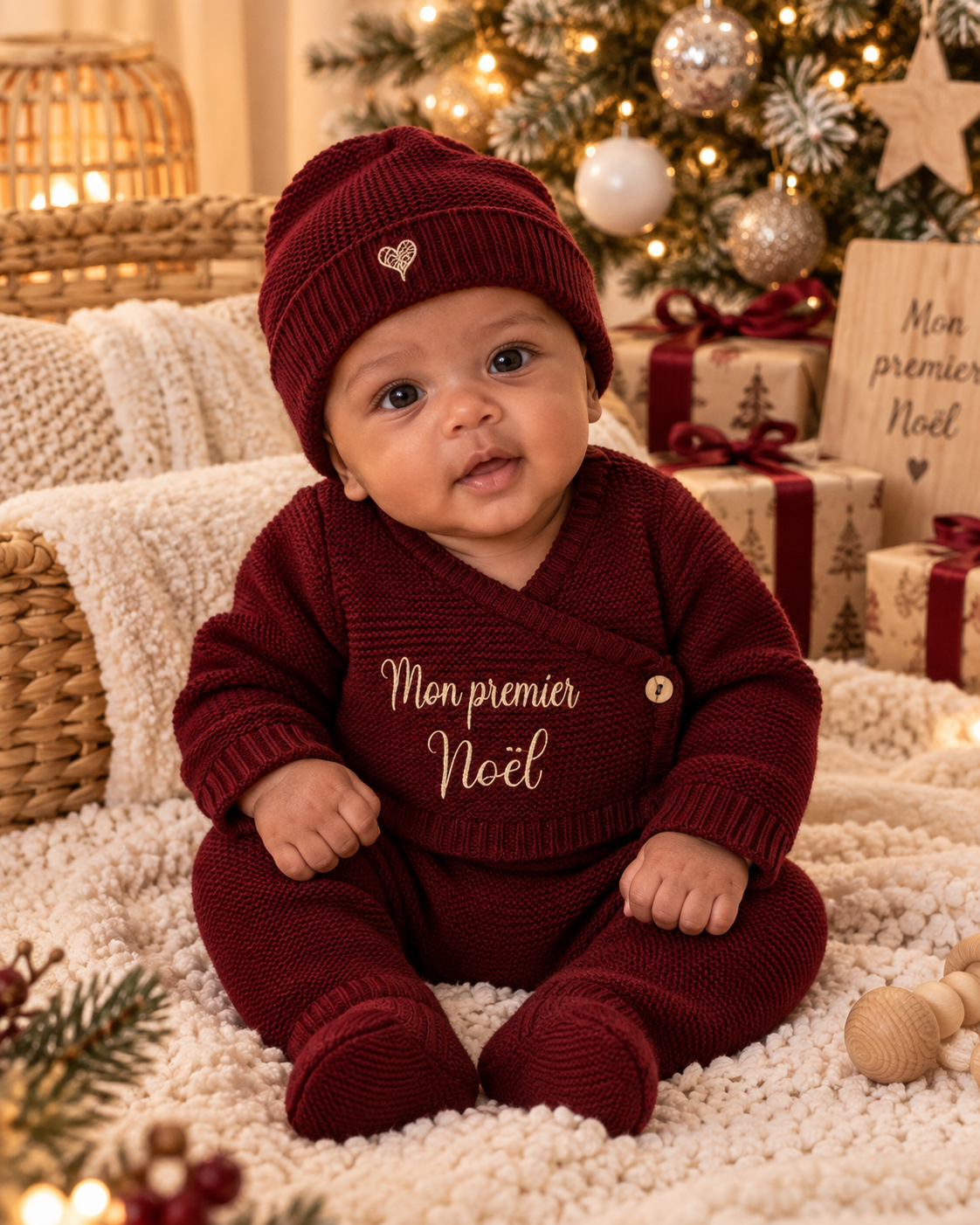 Ensemble bébé brodé « Mon premier Noël » – 4 pièces personnalisable