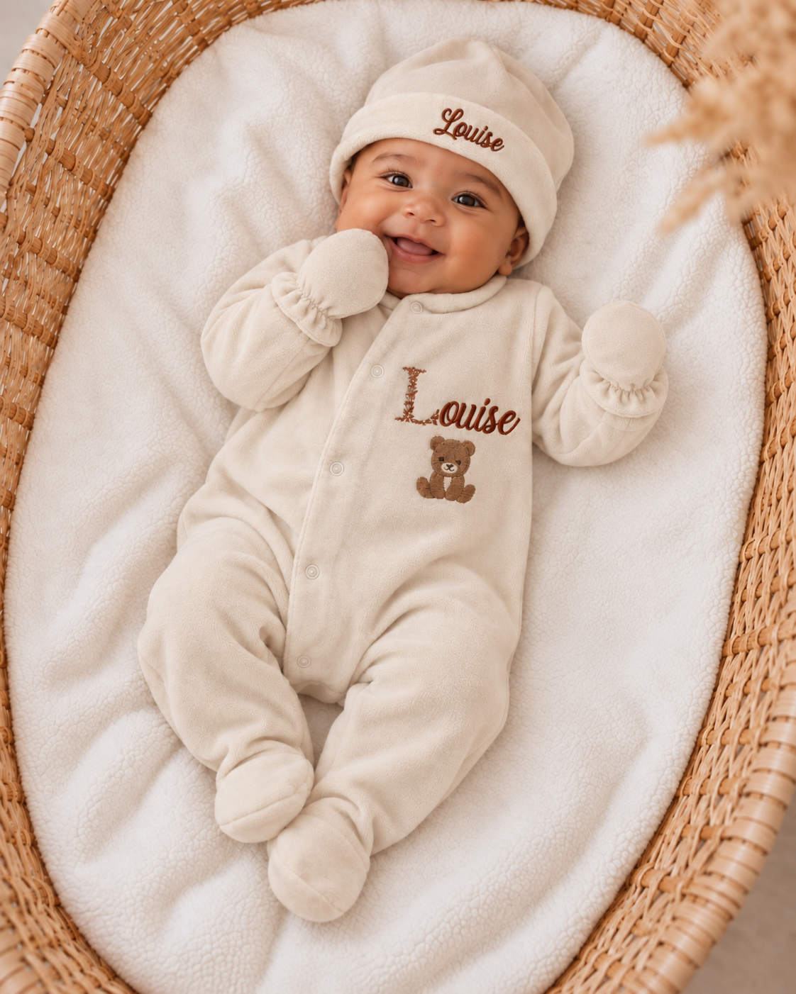 Pyjama naissance personnalisé velours – ensemble 3 pièces bébé