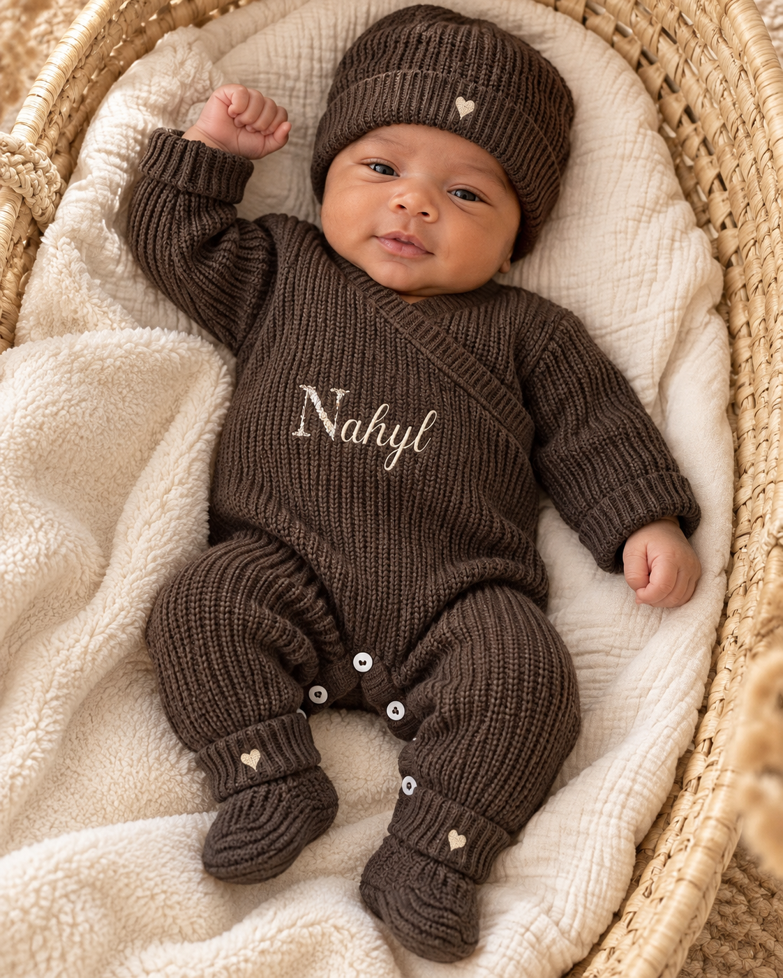 Combinaison naissance personnalisée en maille croisée – ensemble 3 pièces