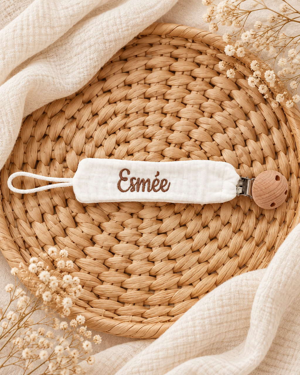 Attache-tétine personnalisée bébé en gaze de coton