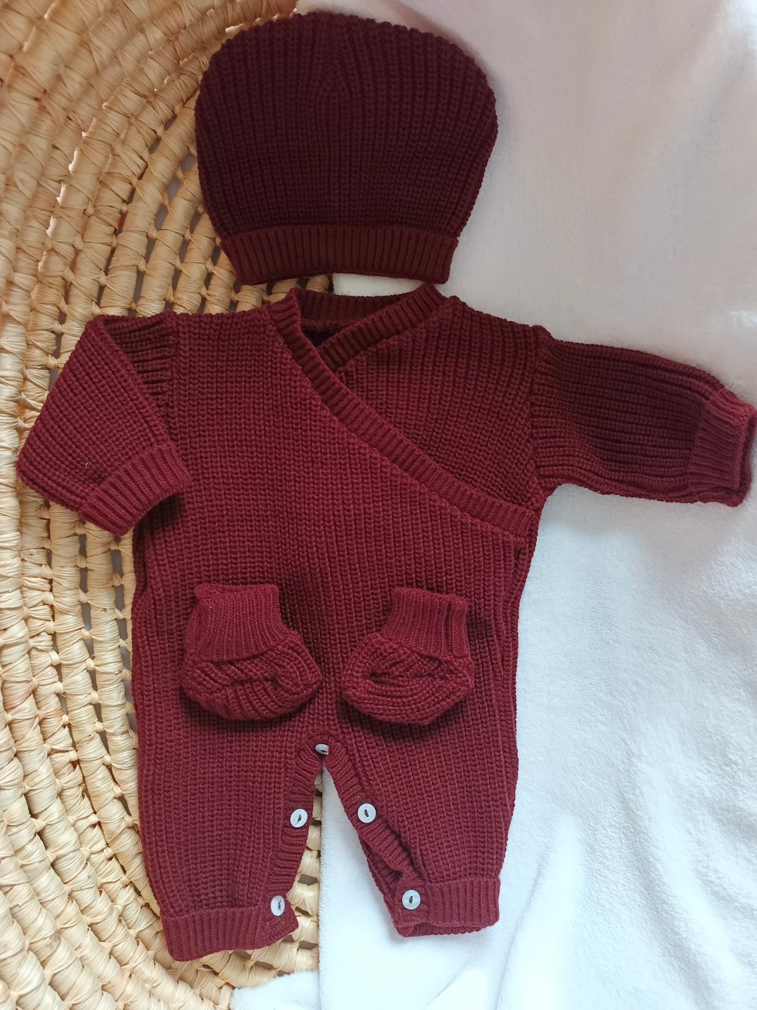 Combinaison maille bordeaux, croisé, 0/3 mois, 3 pièces - personnalisable -