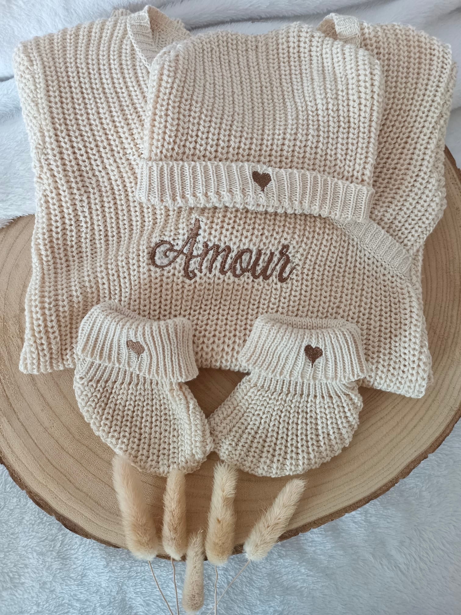 Combinaison maille beige, croisé, 0/3 mois, 3 pièces - personnalisable - 100% coton