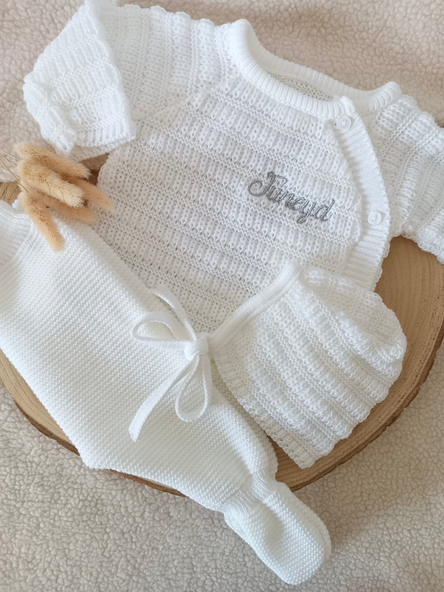 Ensemble naissance maille blanc à boutons blanc 0/3 mois - personnalisable -