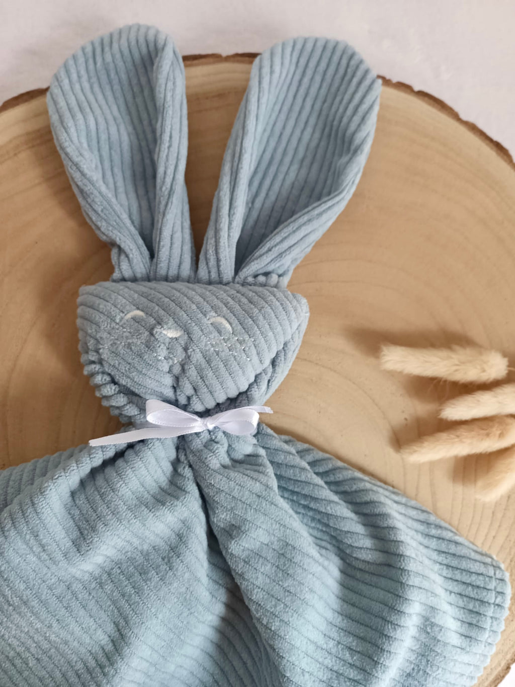 Doudou lapin yeux avec oreilles velours bleu gris