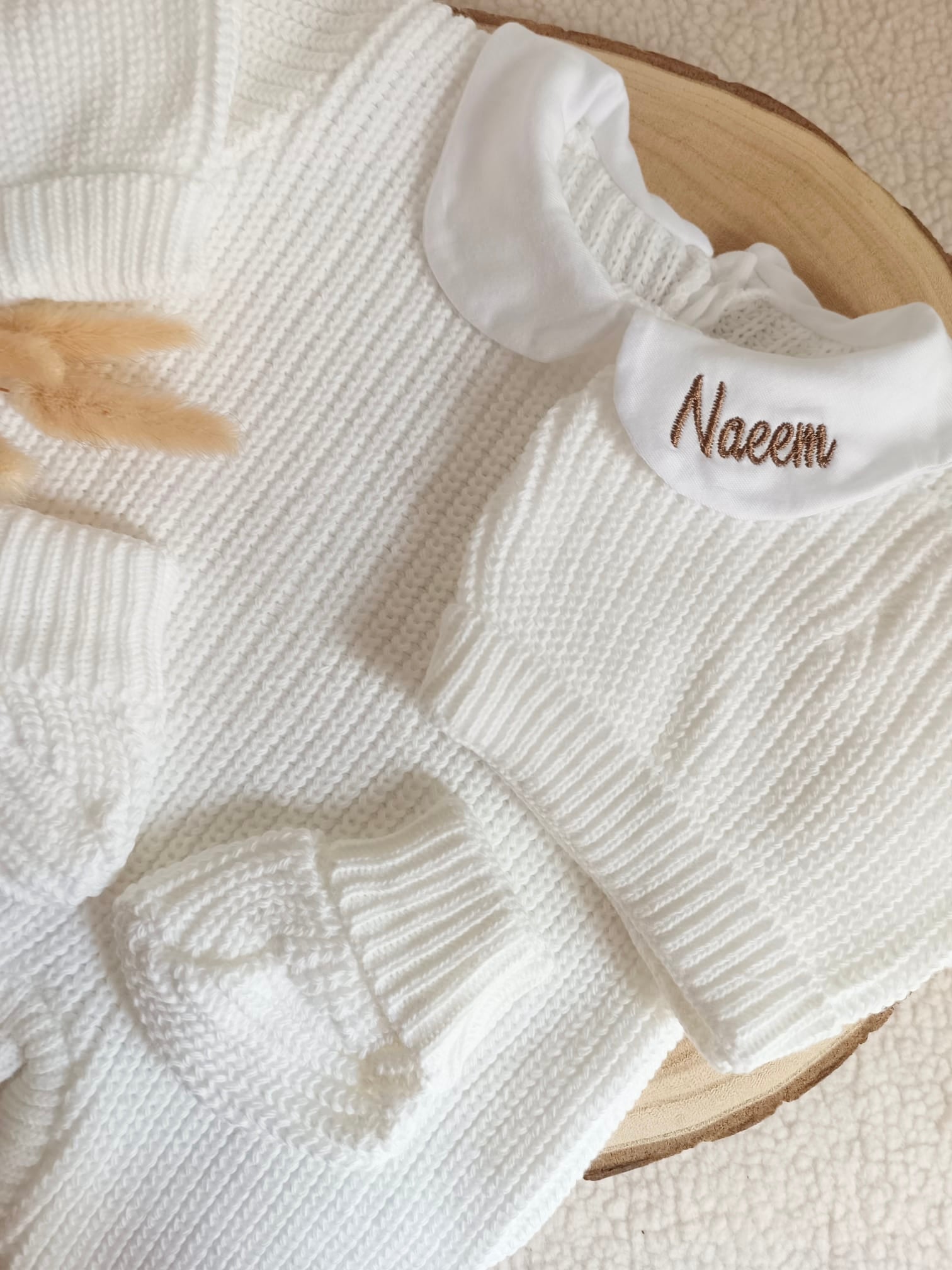 Combinaison maille blanc avec col blanc - 0/3 mois - personnalisable