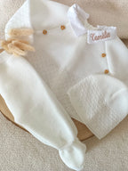 Ensemble complet naissance blanc 0/3 mois avec boutons bois