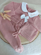 Ensemble complet naissance vieux rose ajouré noeud satiné blanc 0/3 mois