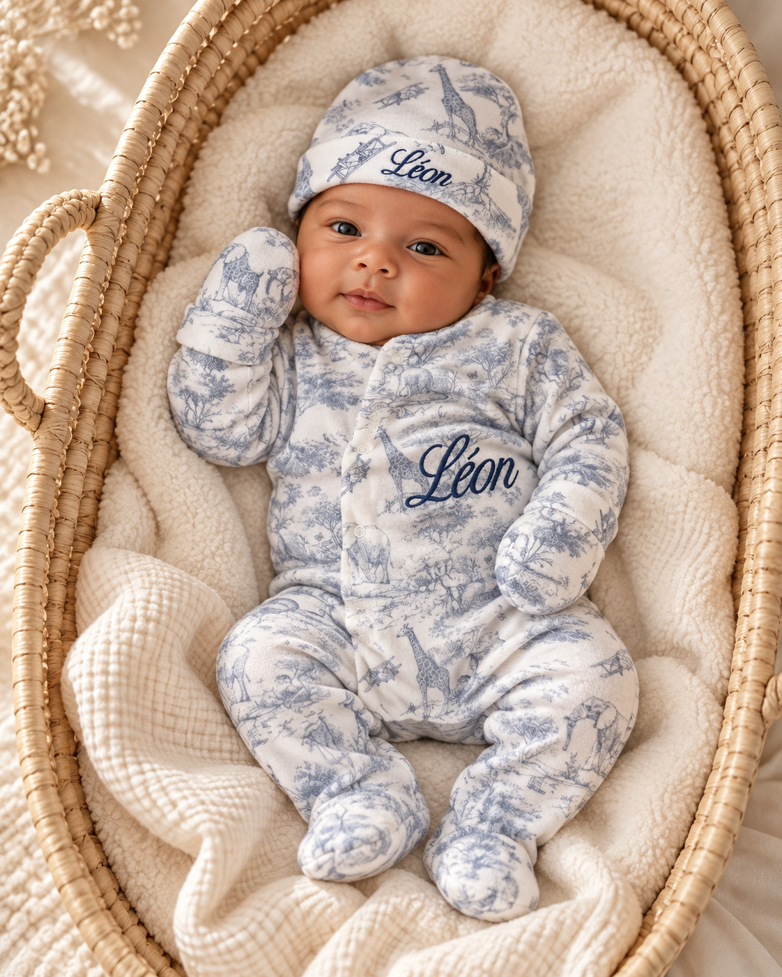 Pyjama naissance personnalisé bébé – 3 pièces en velours, Collection Safari